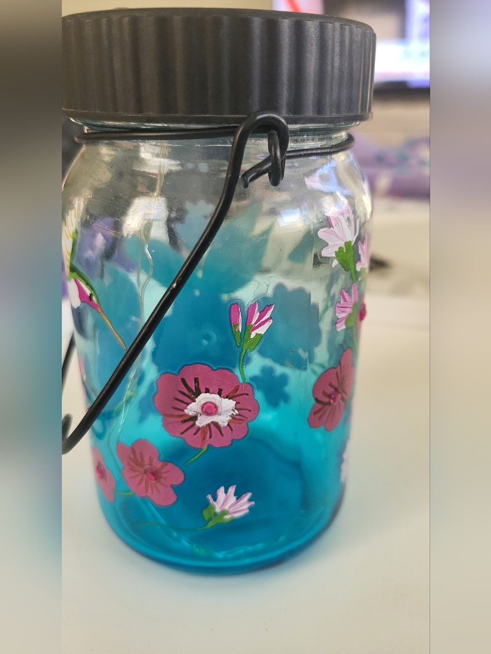Decorative Blue Floral Glass Jar with Handle Filled With Surprise